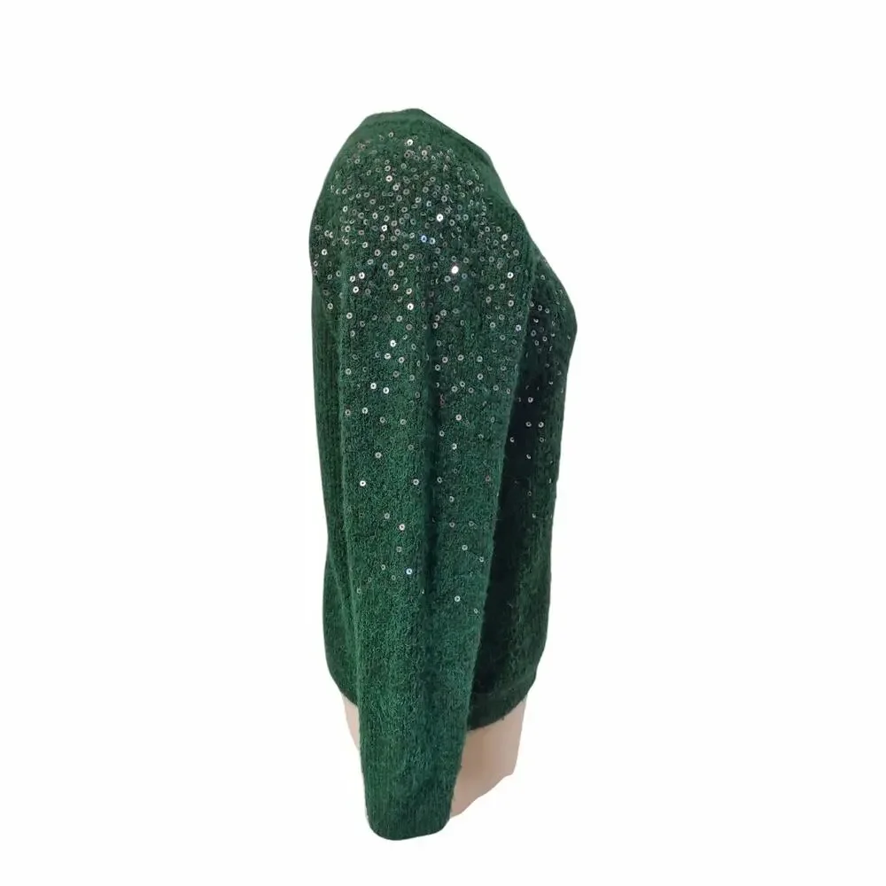 MARKS & SPENCER Green Sweater Size M Silver Sequins Crew Neck Raglan Sleeve Cozy